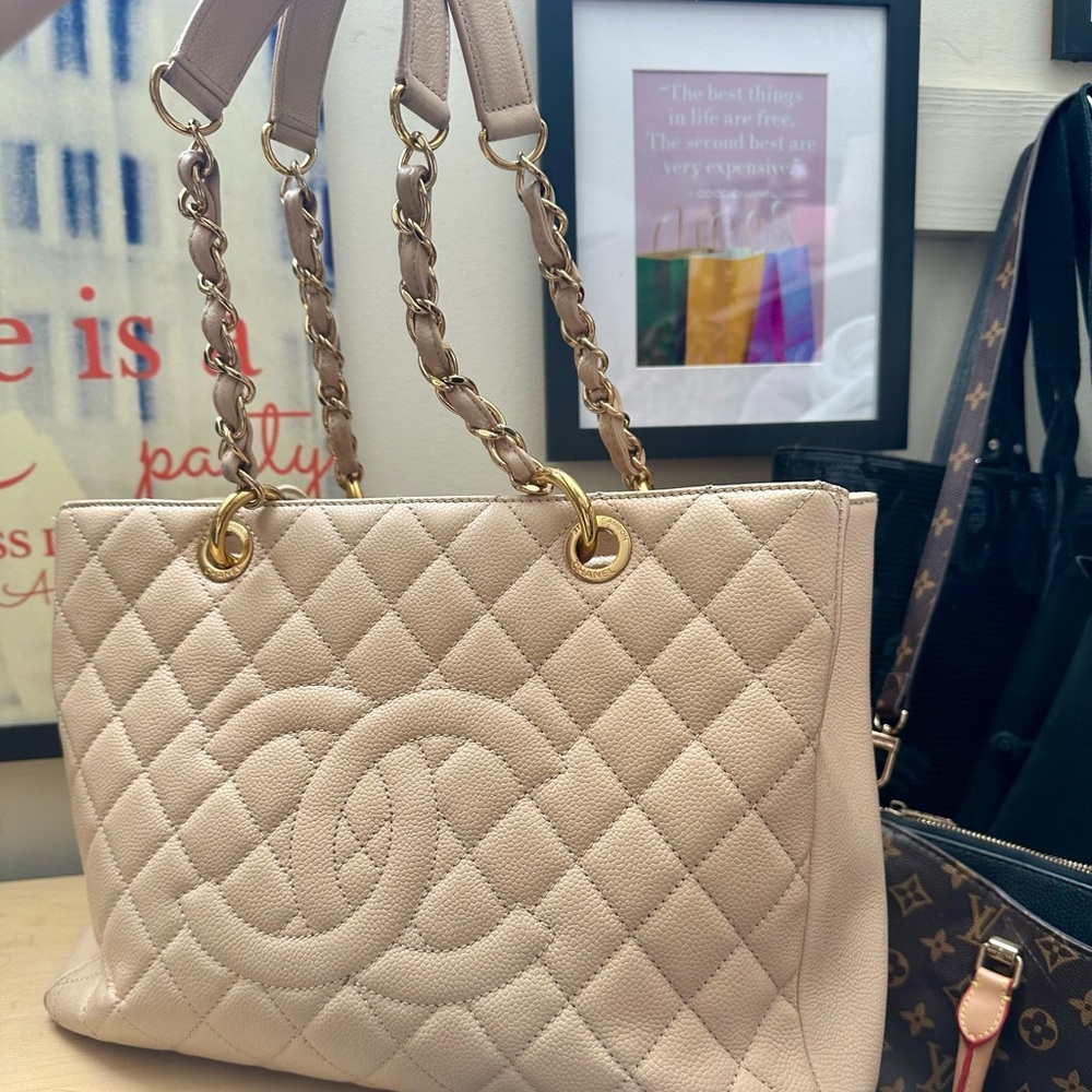 CHANEL Quilted Caviar Leather Beige Shopping Tote
